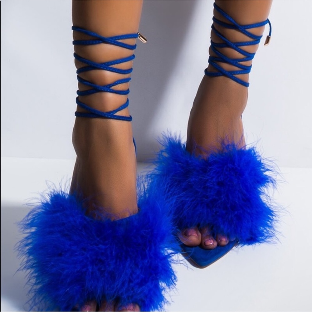 Blue Feathered Lace-Up Heels